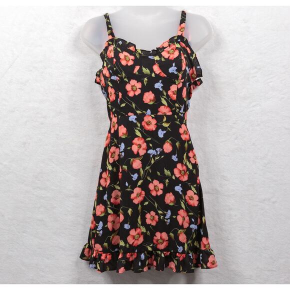 FOREVER 21 Smocked Ruffle Hem Flowy Floral Tie Mini Dress Dark Romantic Sz S - Picture 1 of 8